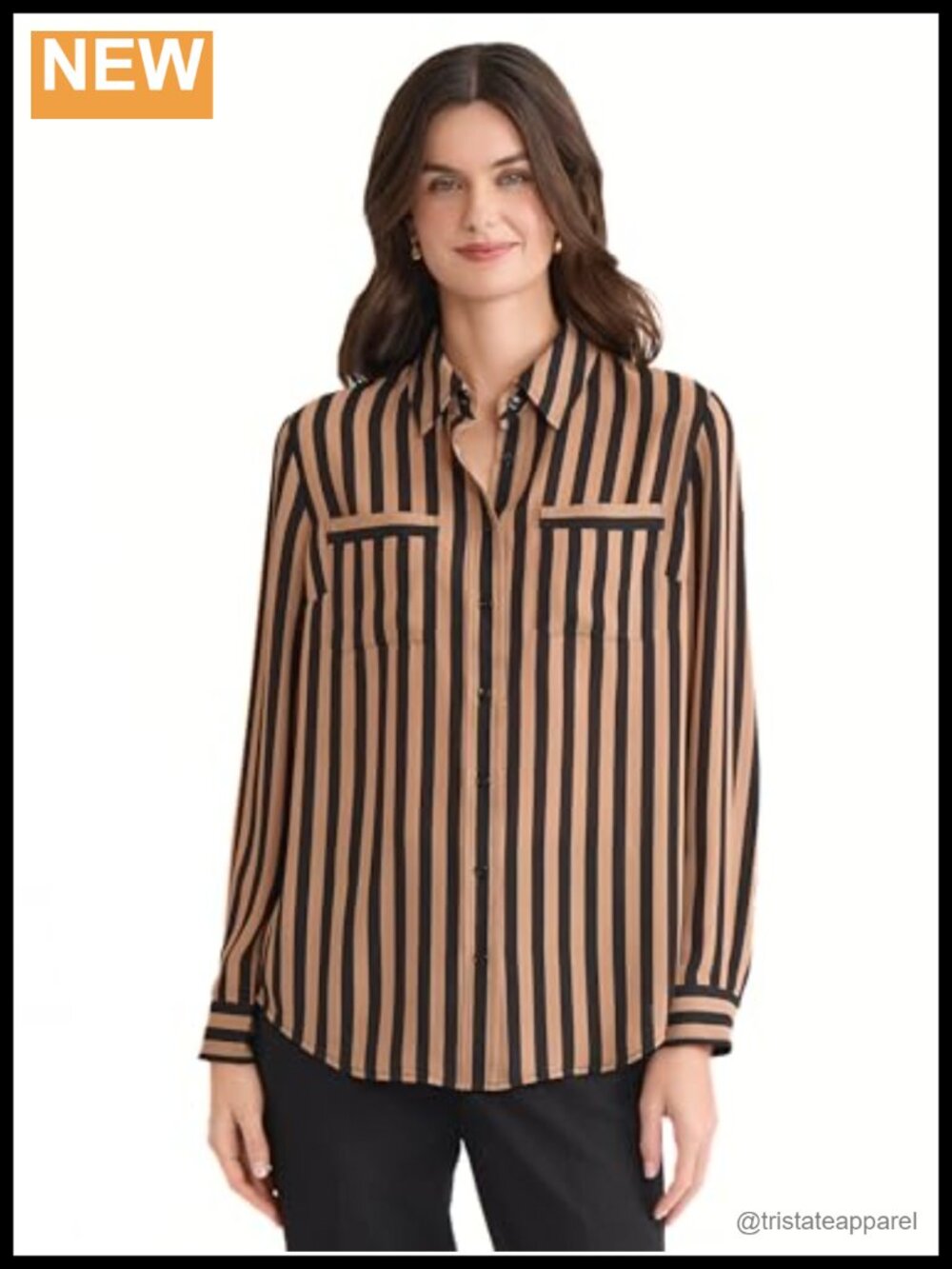 Women's Long Sleeve Striped Button-Down Shirt Blouse Classic Fit Office